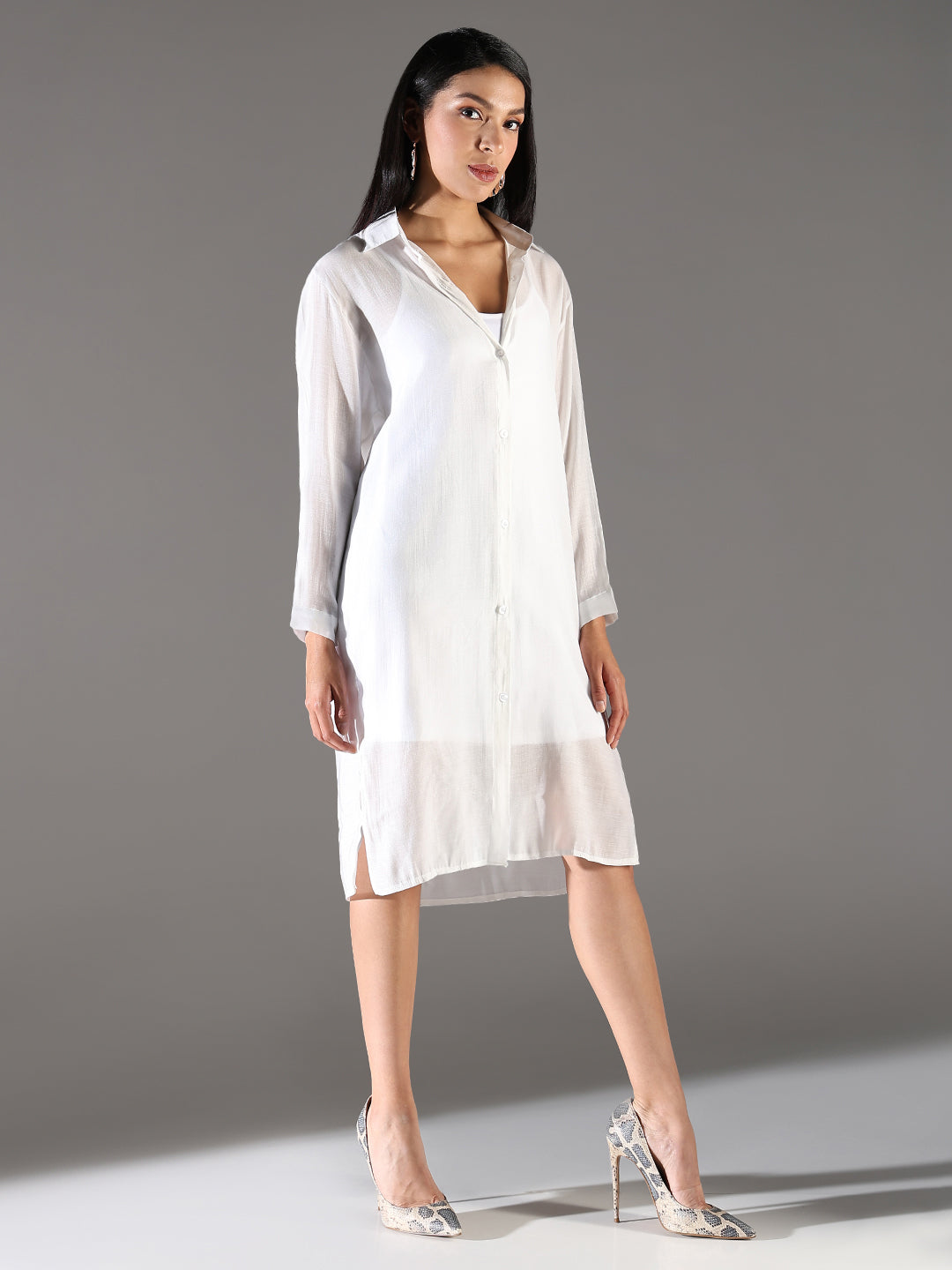 White Shirt Collar Semi Sheer Shirt Dress