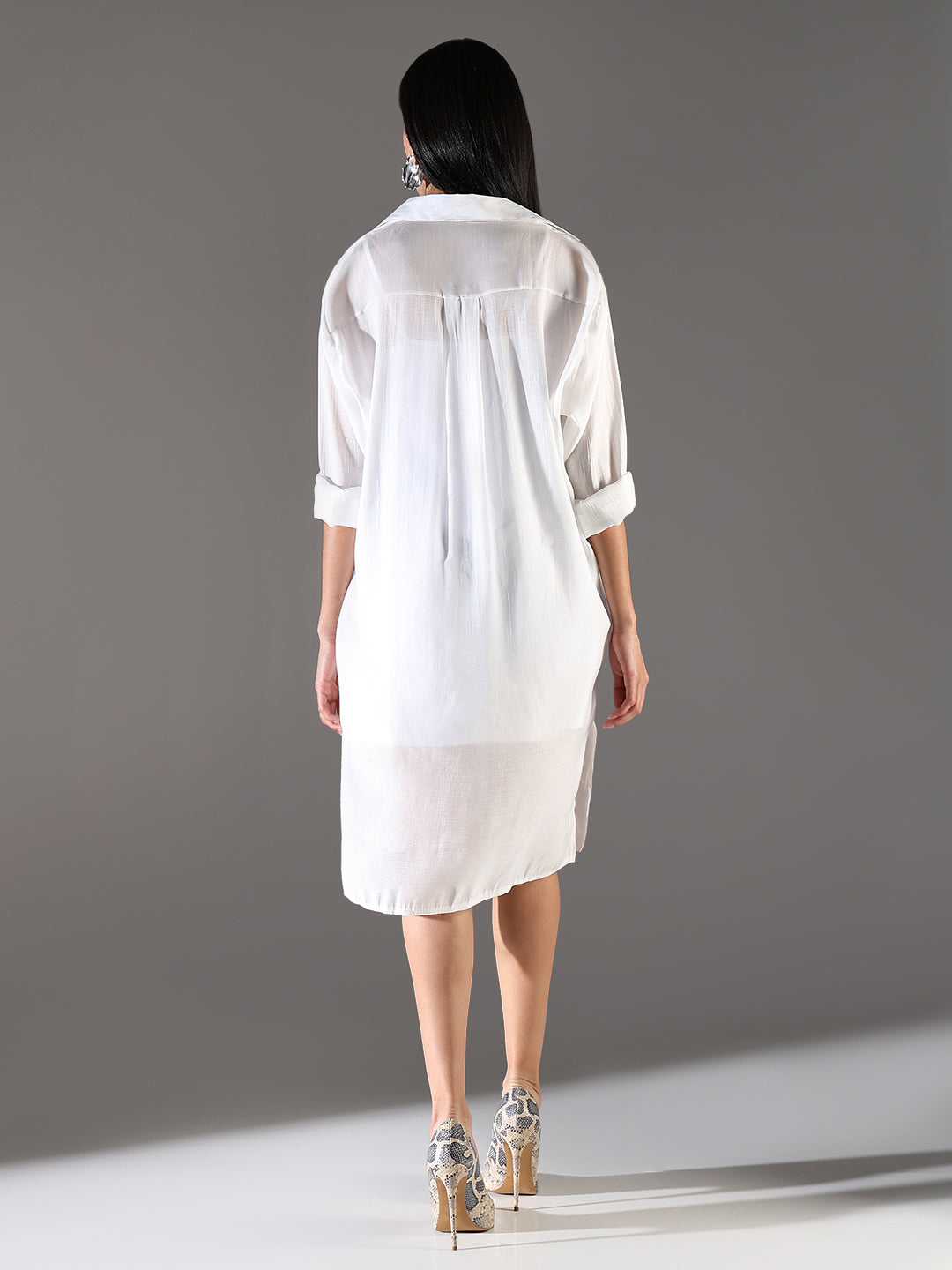 White Shirt Collar Semi Sheer Shirt Dress