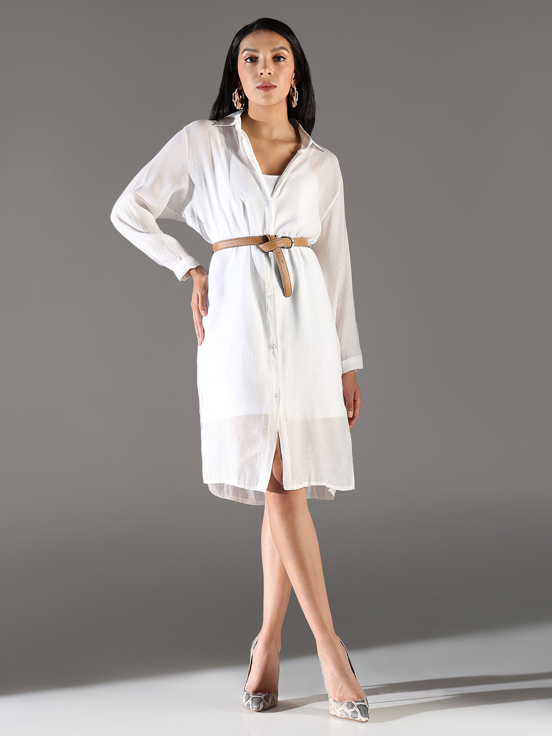White Shirt Collar Semi Sheer Shirt Dress