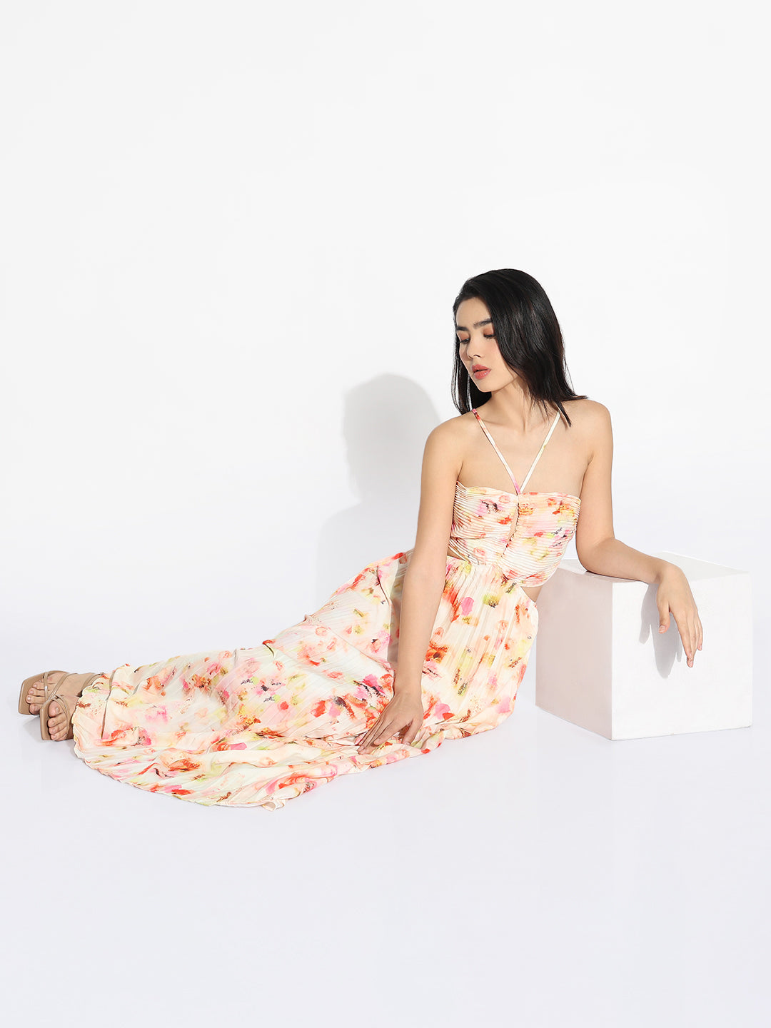 Peach Abstract Fit and Flare Dress