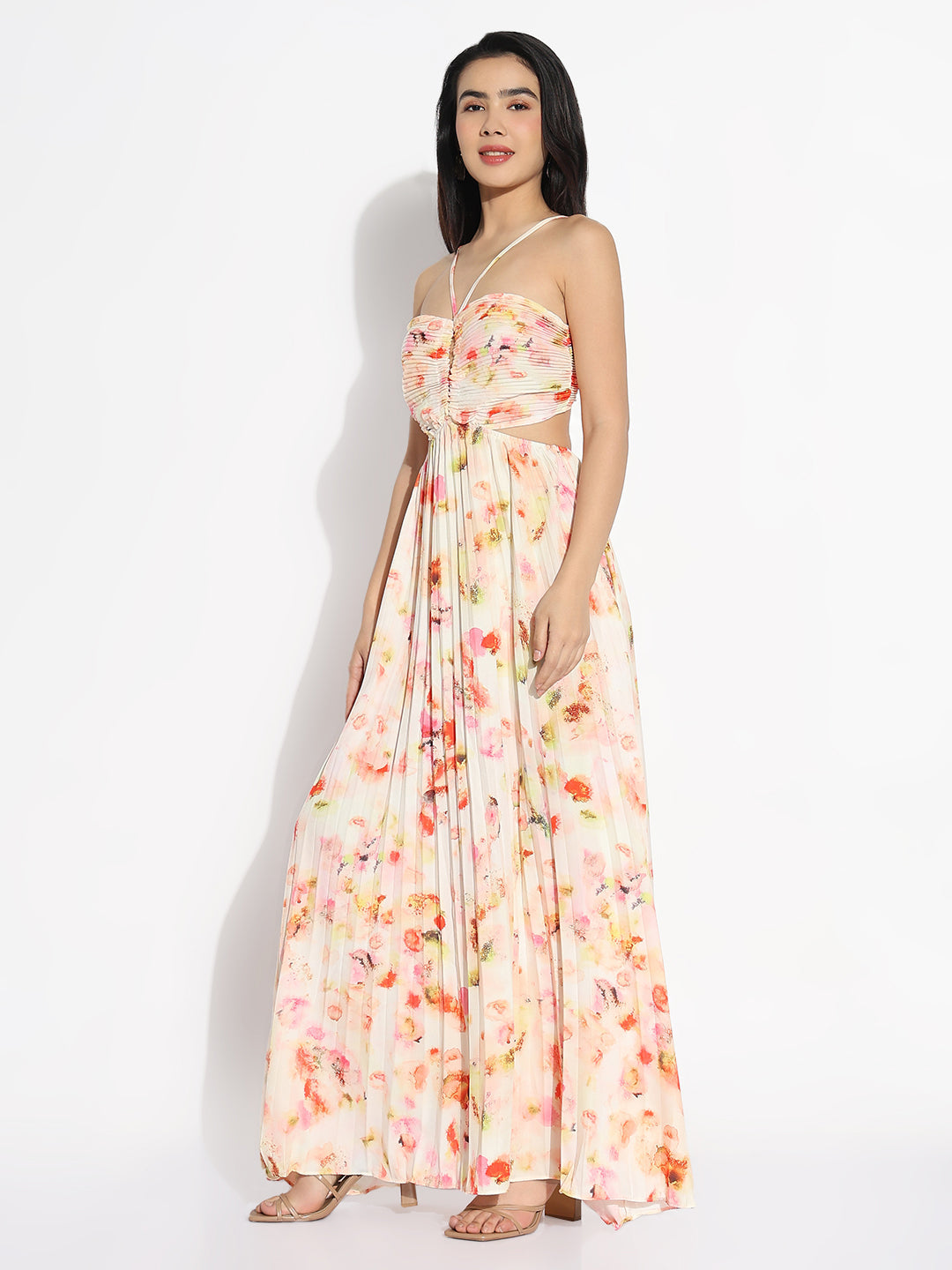 Peach Abstract Fit and Flare Dress