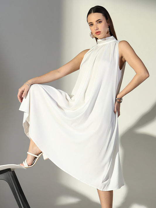 Embellished Neck White Pleated Midi Dress