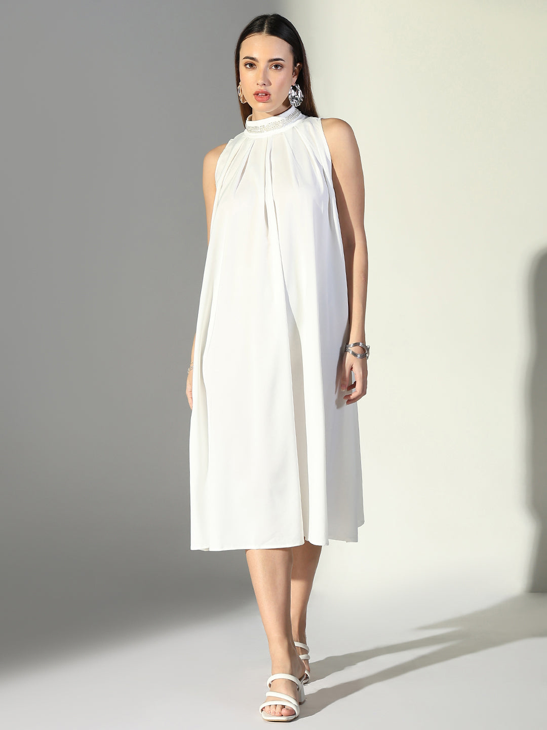 Embellished Neck White Pleated Midi Dress