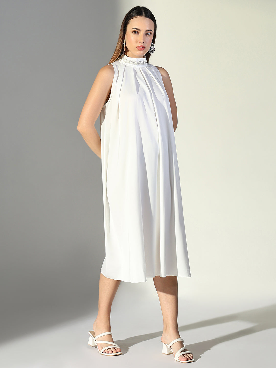 Embellished Neck White Pleated Midi Dress