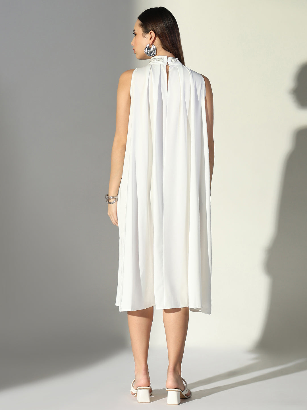 Embellished Neck White Pleated Midi Dress