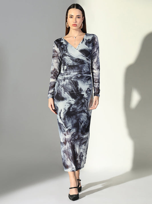 Abstract Print Grey V-Neck Bodycon Dress