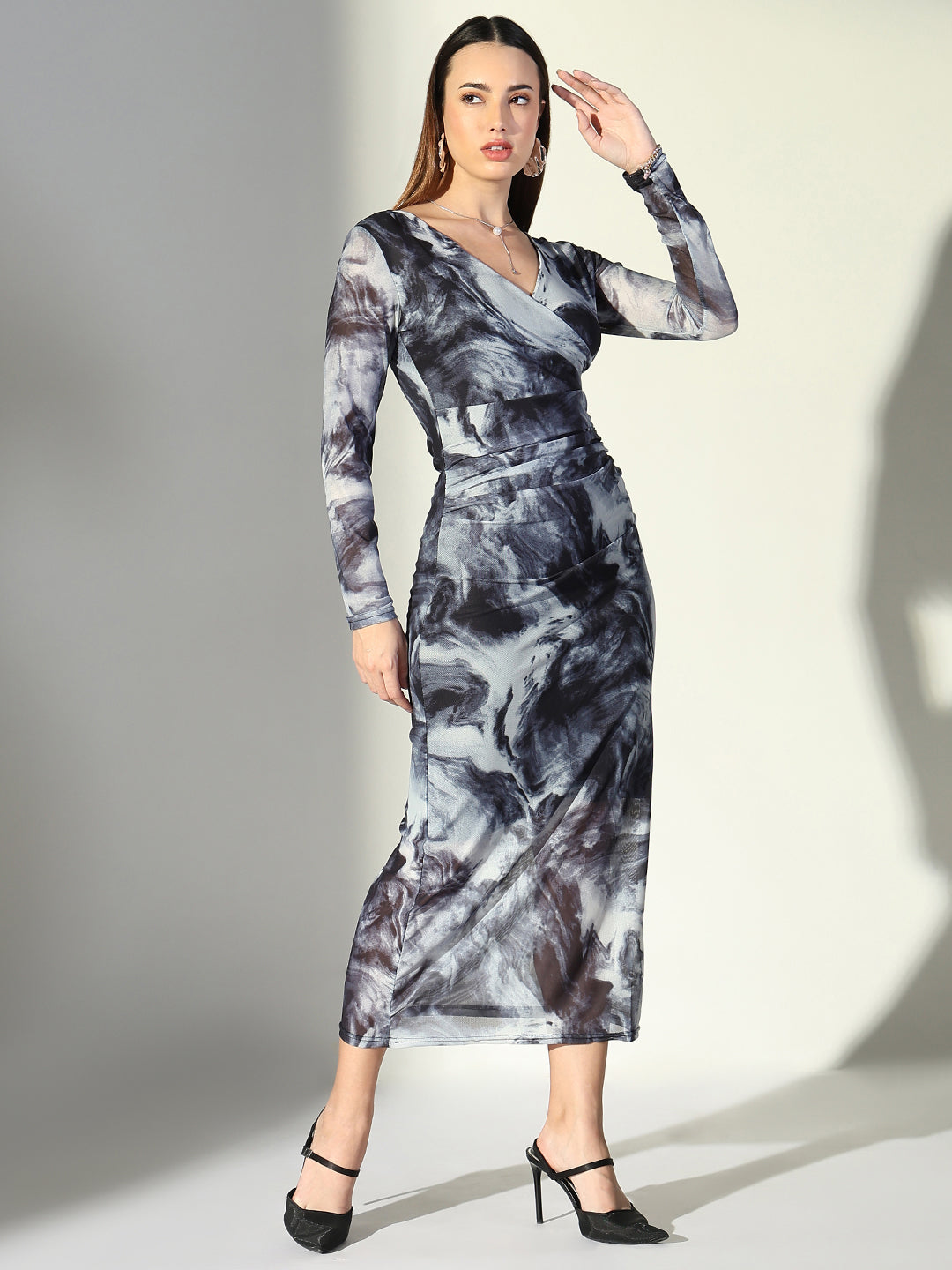 Abstract Print Grey V-Neck Bodycon Dress