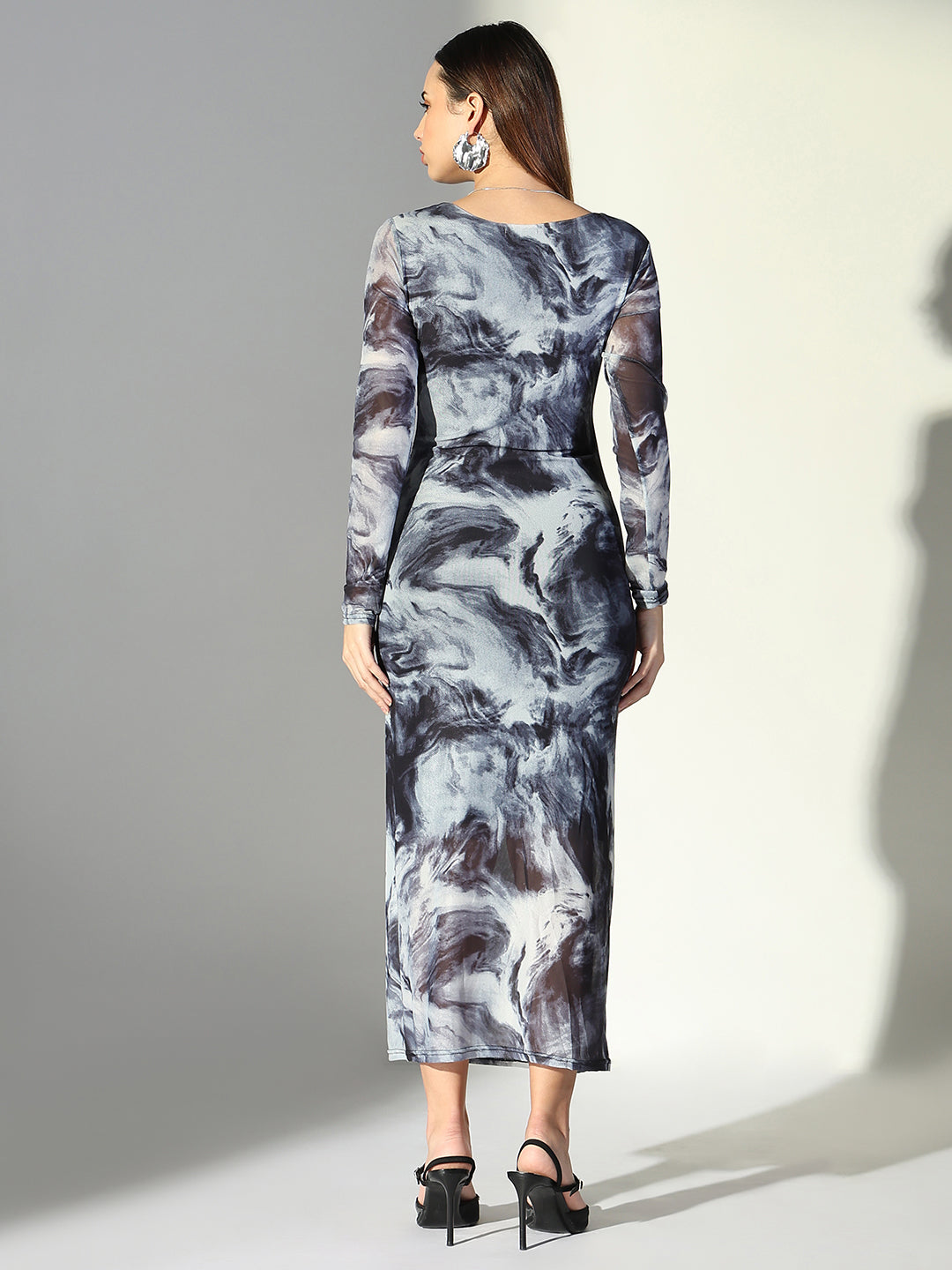 Abstract Print Grey V-Neck Bodycon Dress