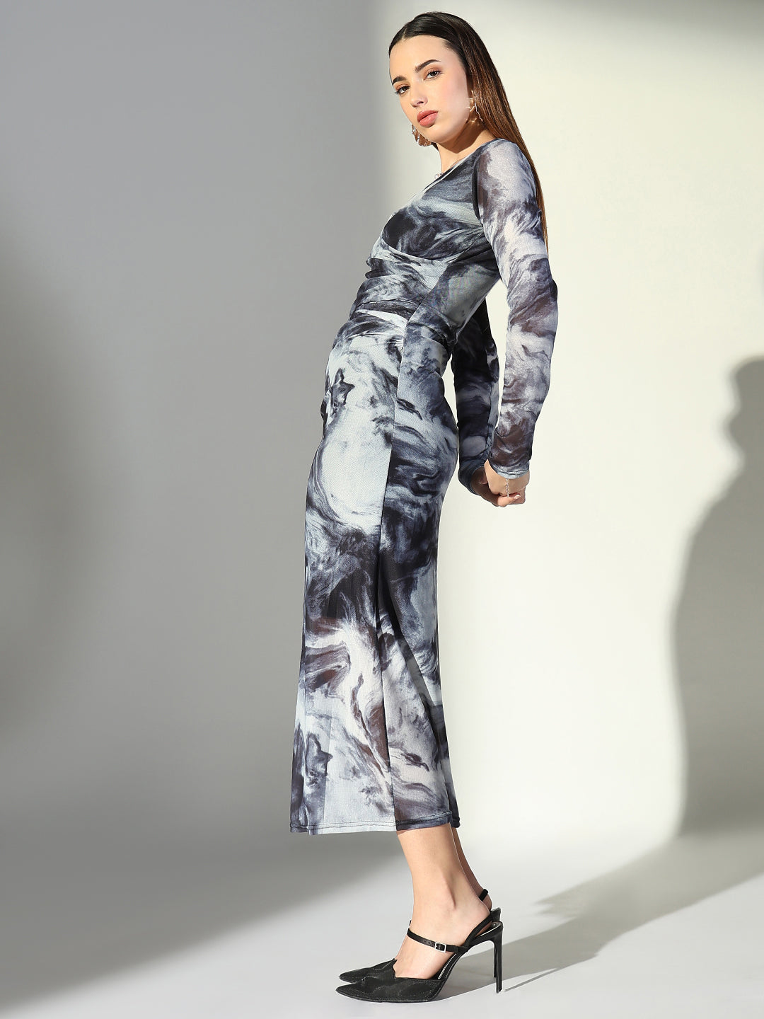 Abstract Print Grey V-Neck Bodycon Dress