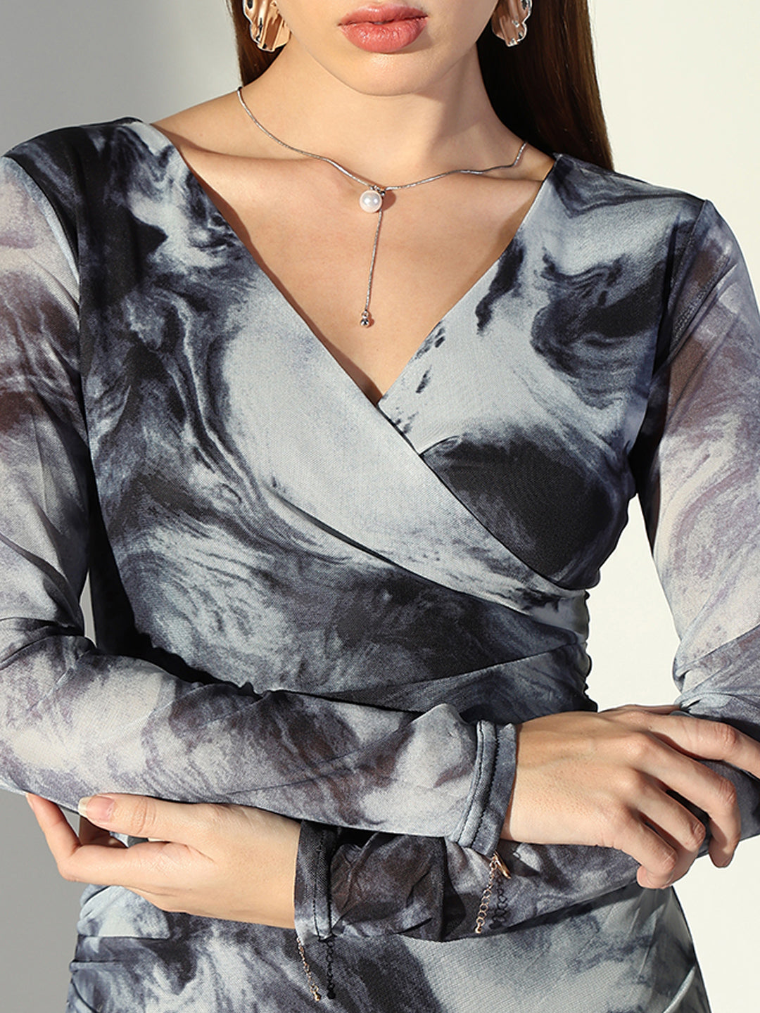 Abstract Print Grey V-Neck Bodycon Dress