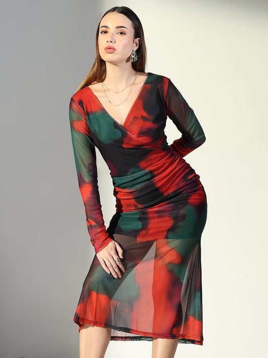 Net Ruched Orange V-Neck Full Sleeves Midi Dress