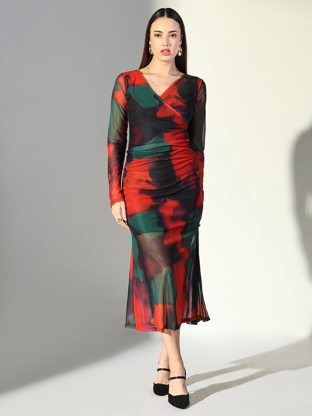 Net Ruched Orange V-Neck Full Sleeves Midi Dress