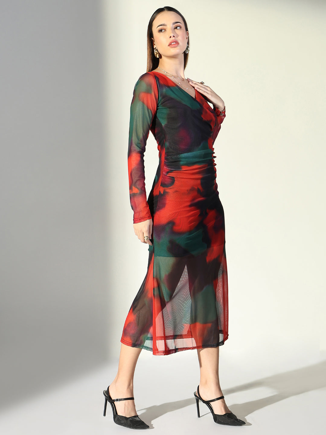 Net Ruched Orange V-Neck Full Sleeves Midi Dress