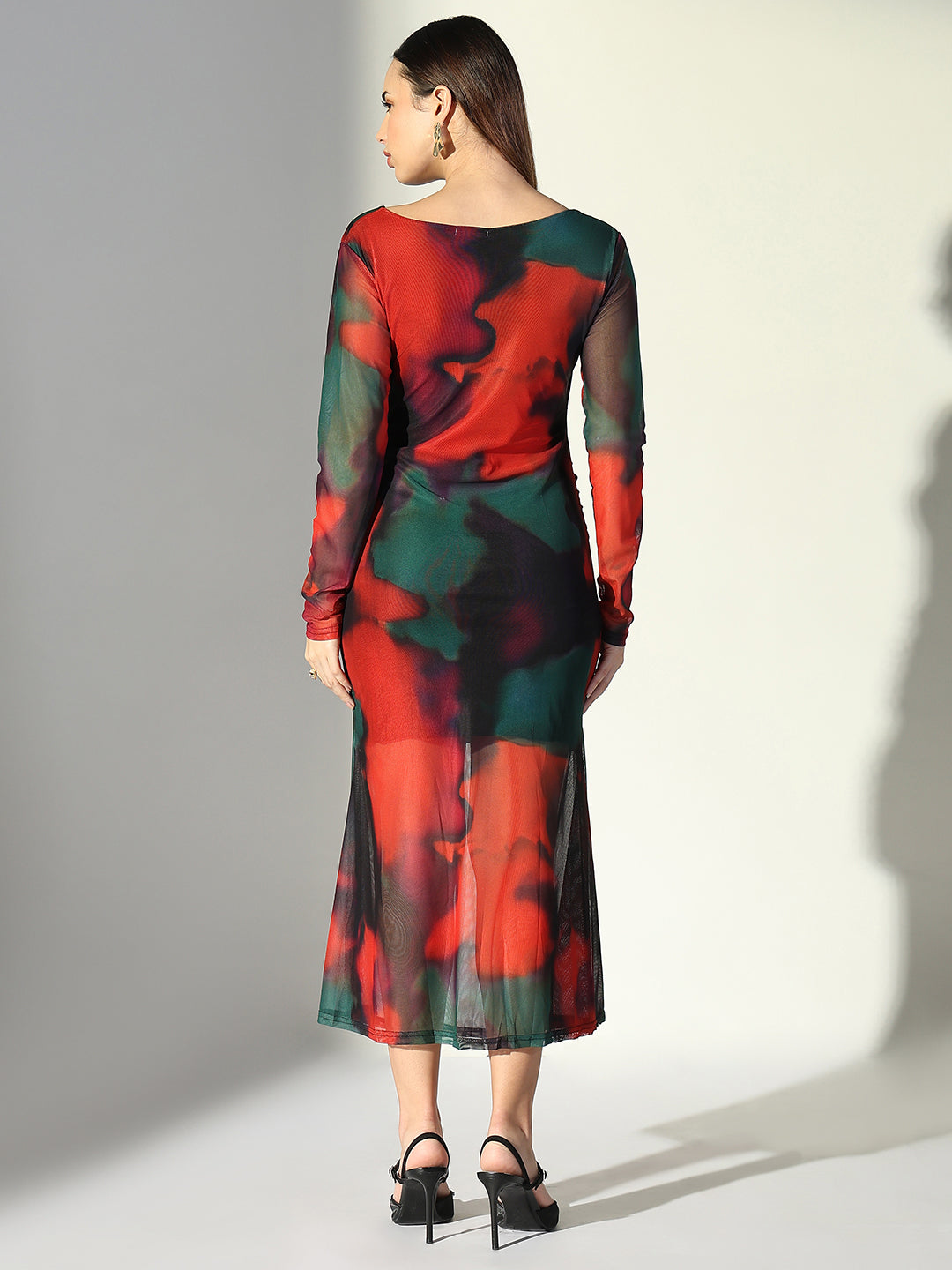Net Ruched Orange V-Neck Full Sleeves Midi Dress