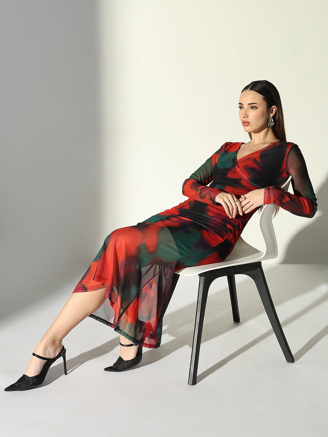 Net Ruched Orange V-Neck Full Sleeves Midi Dress