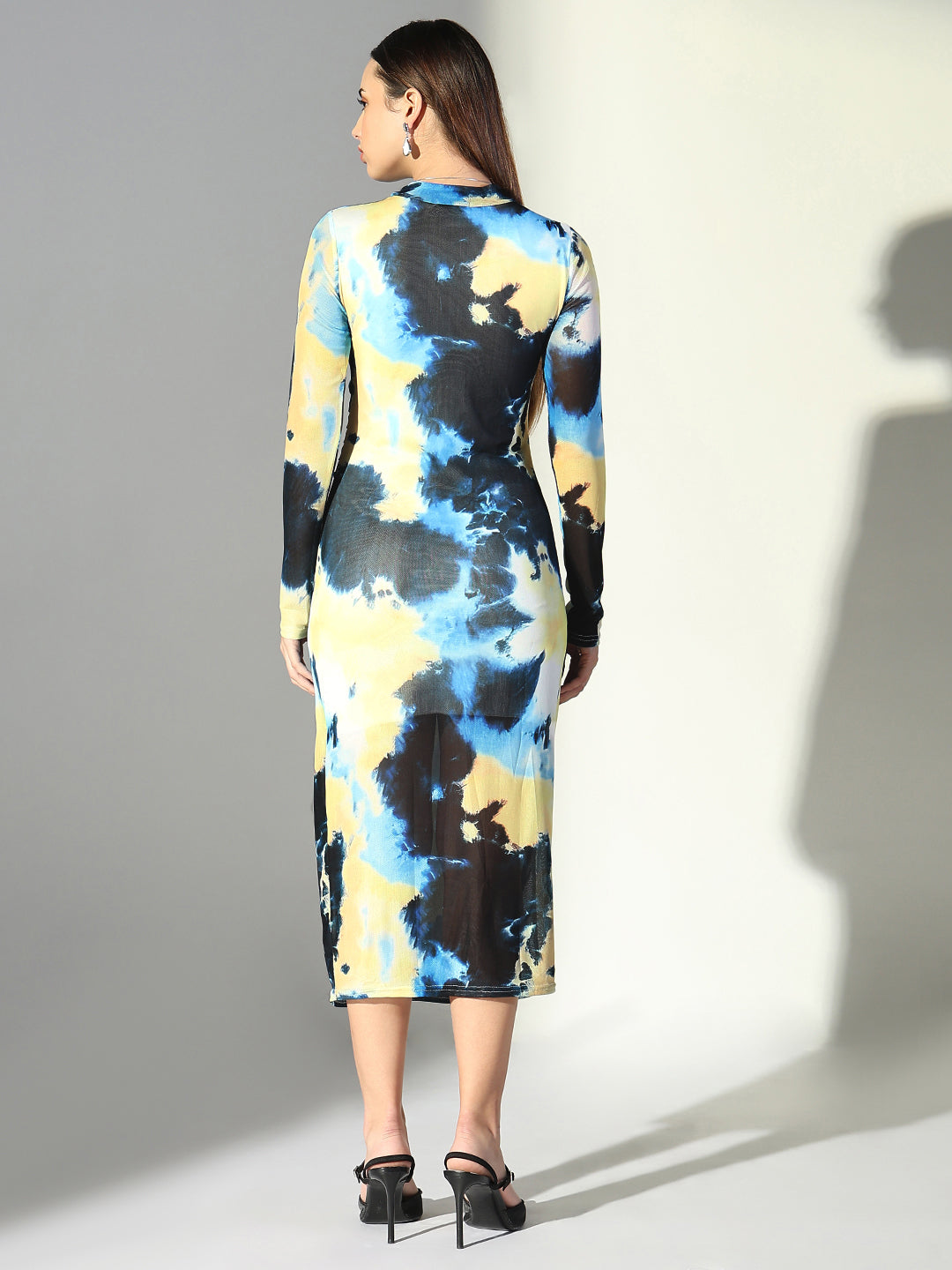 Abstract Print Yellow High Neck Full Sleeves Bodycon Dress