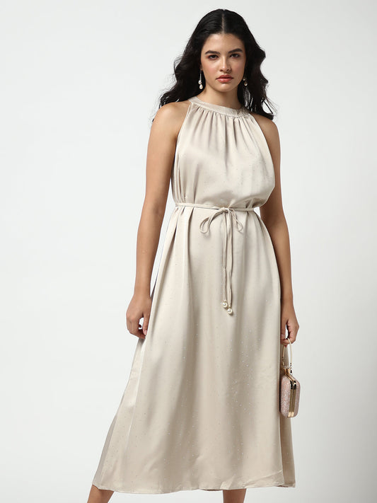 Embellished Beige High Neck Satin Dress with waist Tie