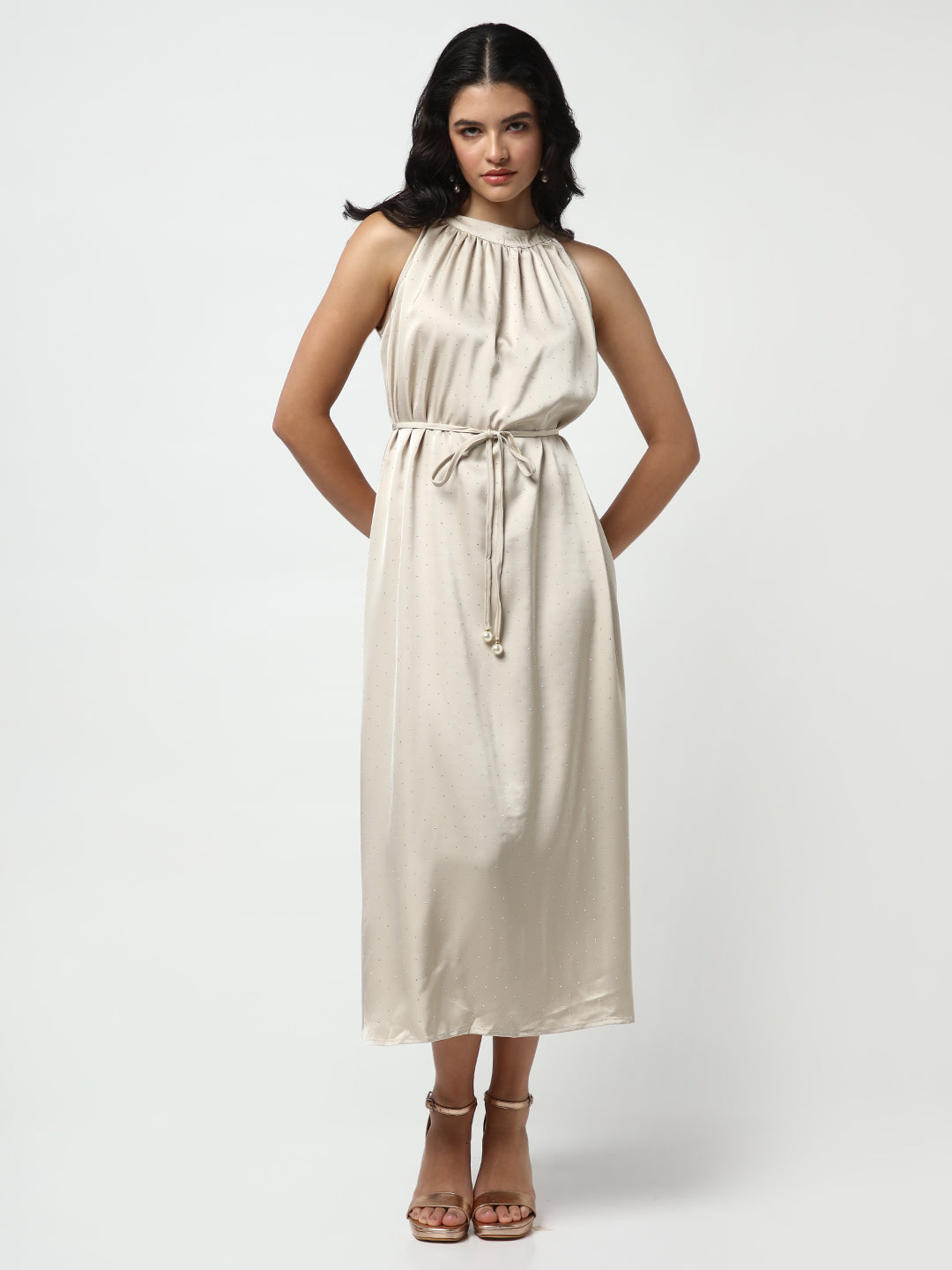 Embellished Beige High Neck Satin Dress with waist Tie