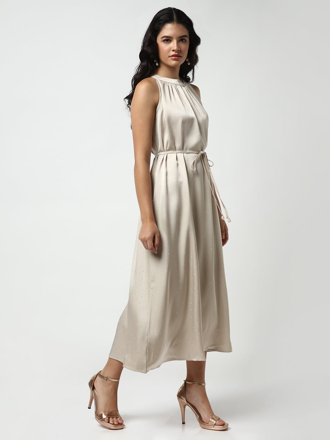 Embellished Beige High Neck Satin Dress with waist Tie