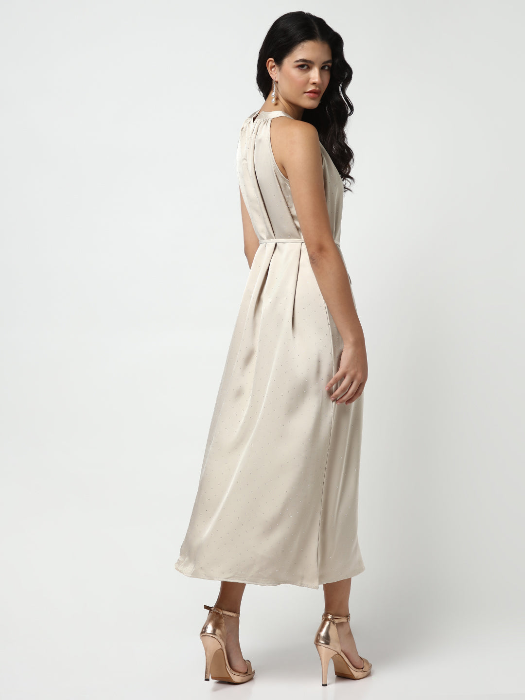 Embellished Beige High Neck Satin Dress with waist Tie