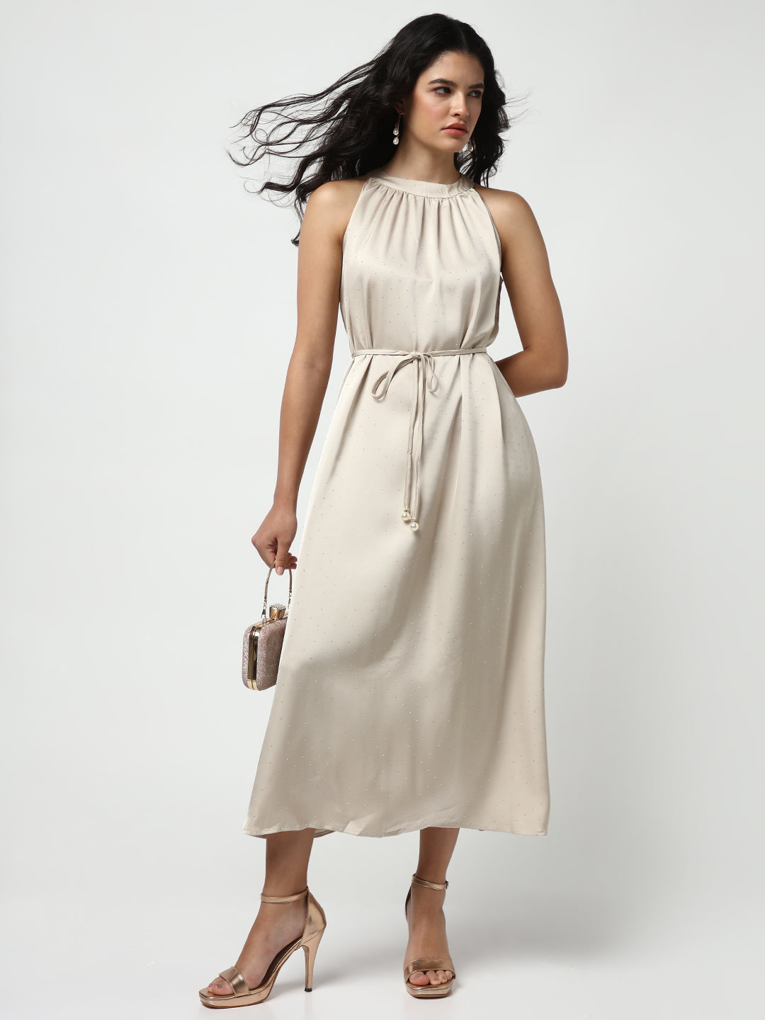 Embellished Beige High Neck Satin Dress with waist Tie