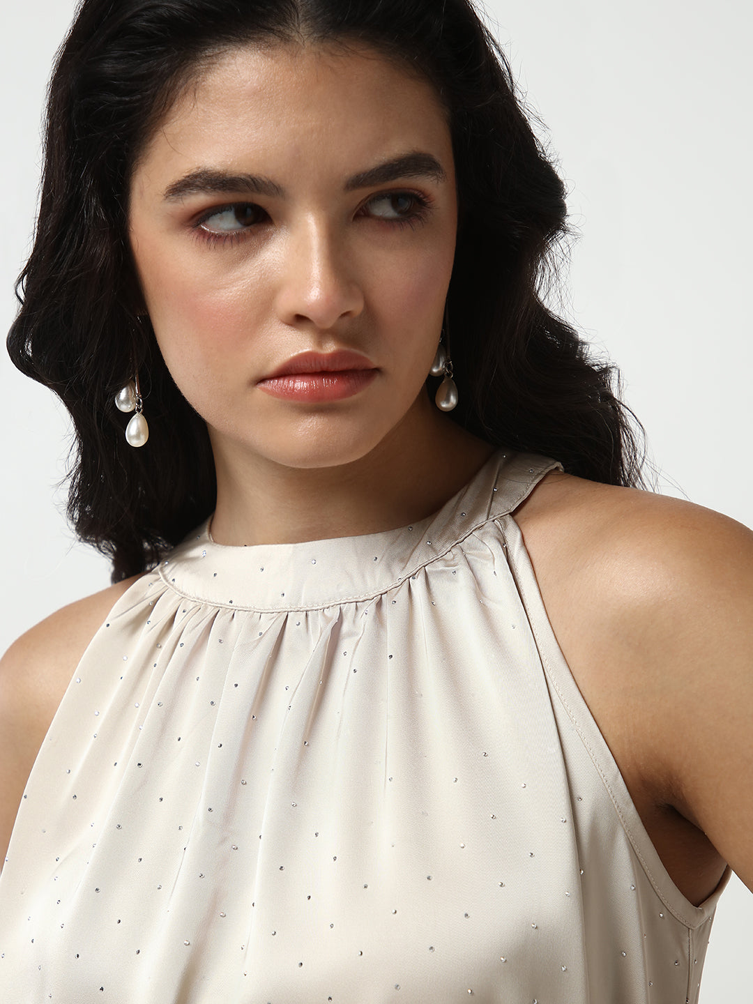 Embellished Beige High Neck Satin Dress with waist Tie