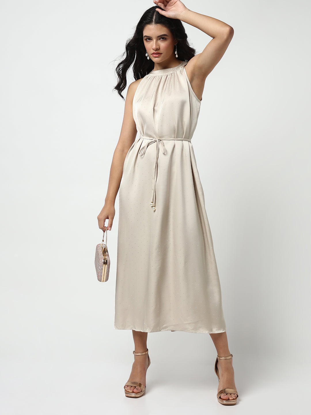Embellished Beige High Neck Satin Dress with waist Tie