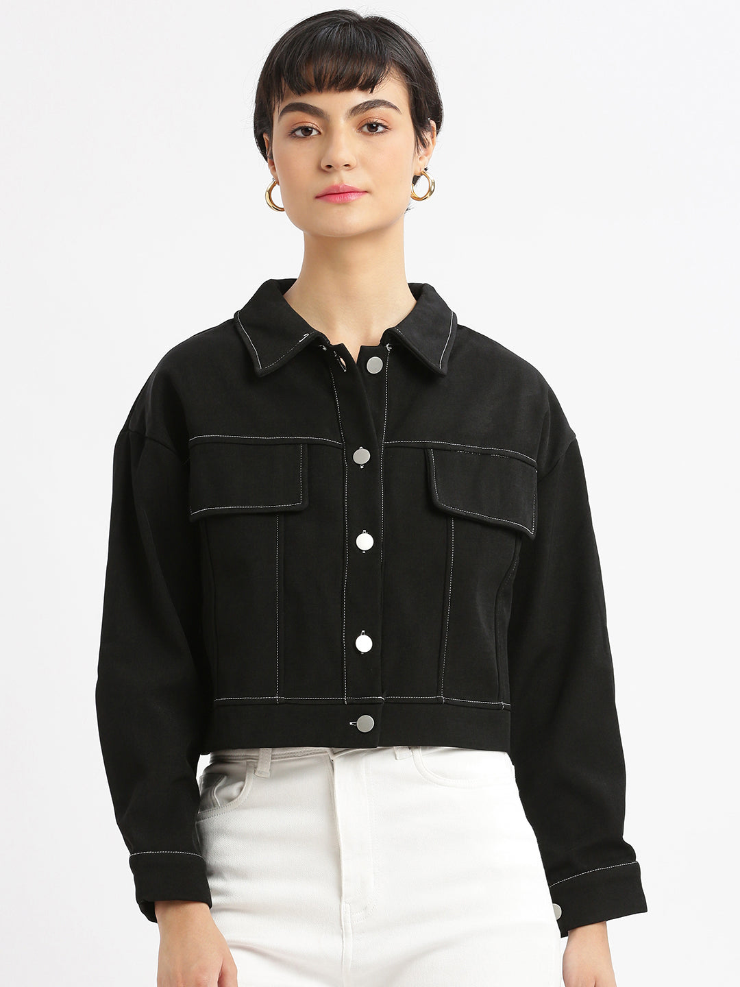 Black Spread Collar Solid Cotton Casual Tailored Windcheater Jacket