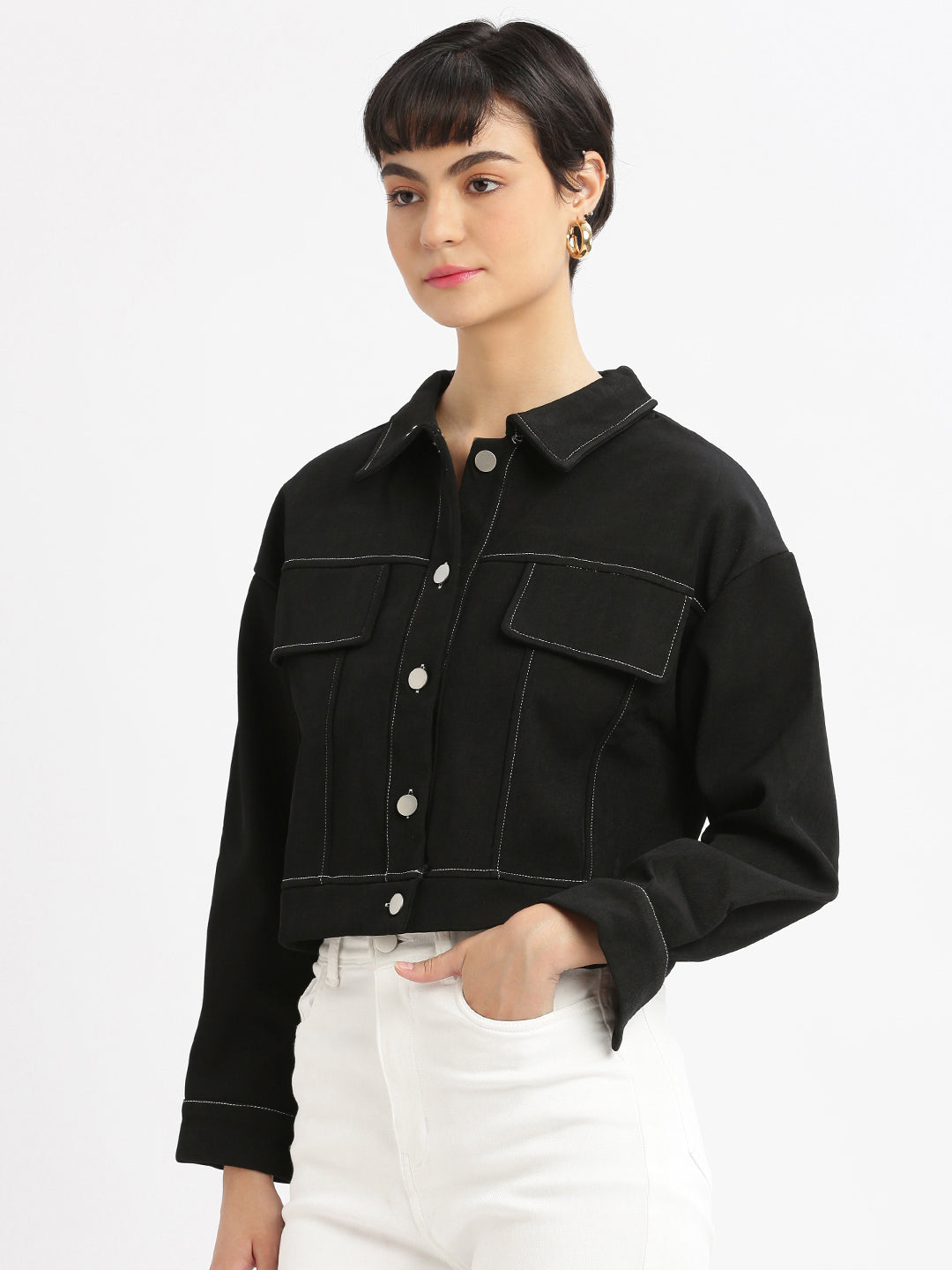 Black Spread Collar Solid Cotton Casual Tailored Windcheater Jacket