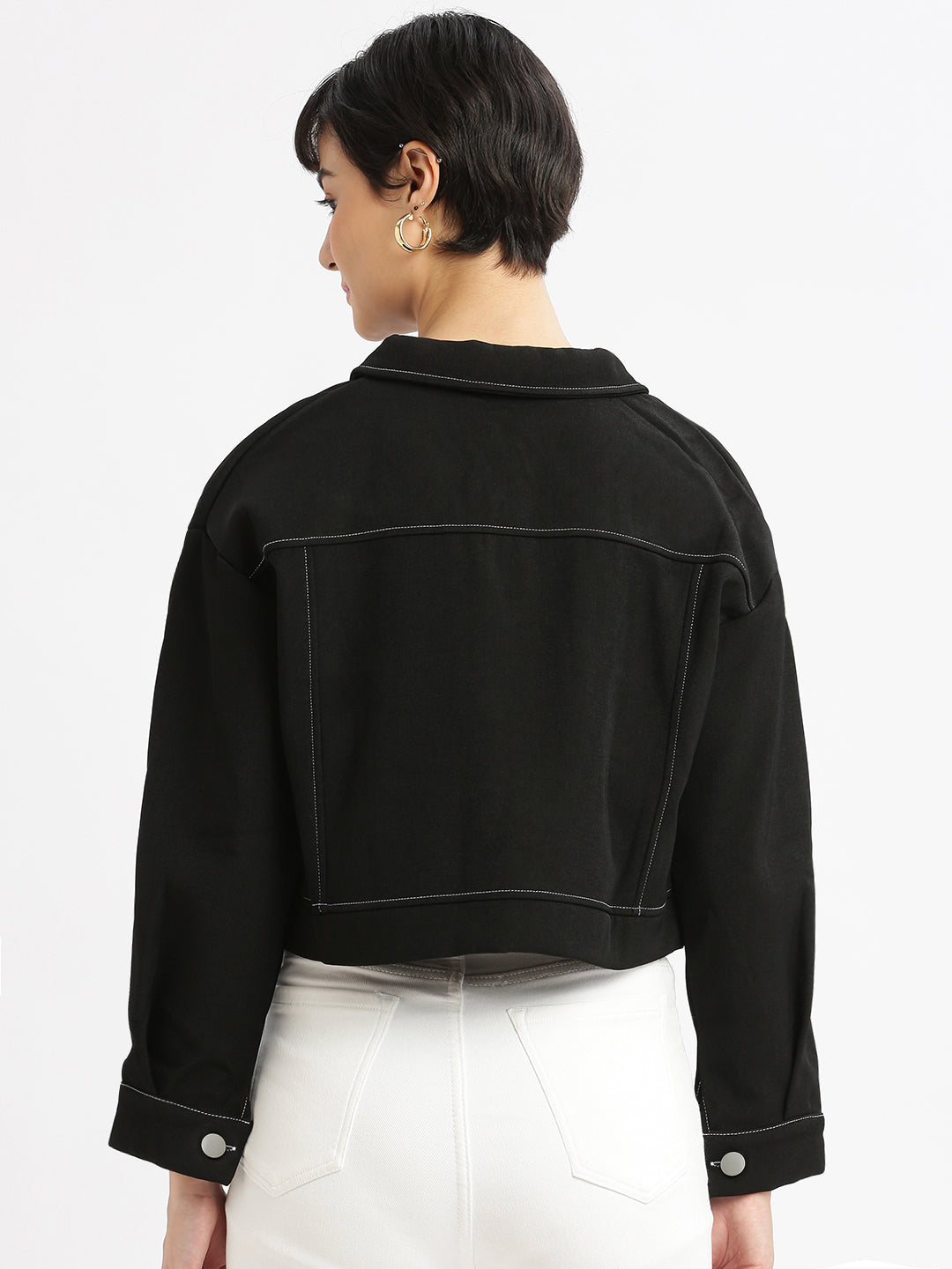 Black Spread Collar Solid Cotton Casual Tailored Windcheater Jacket