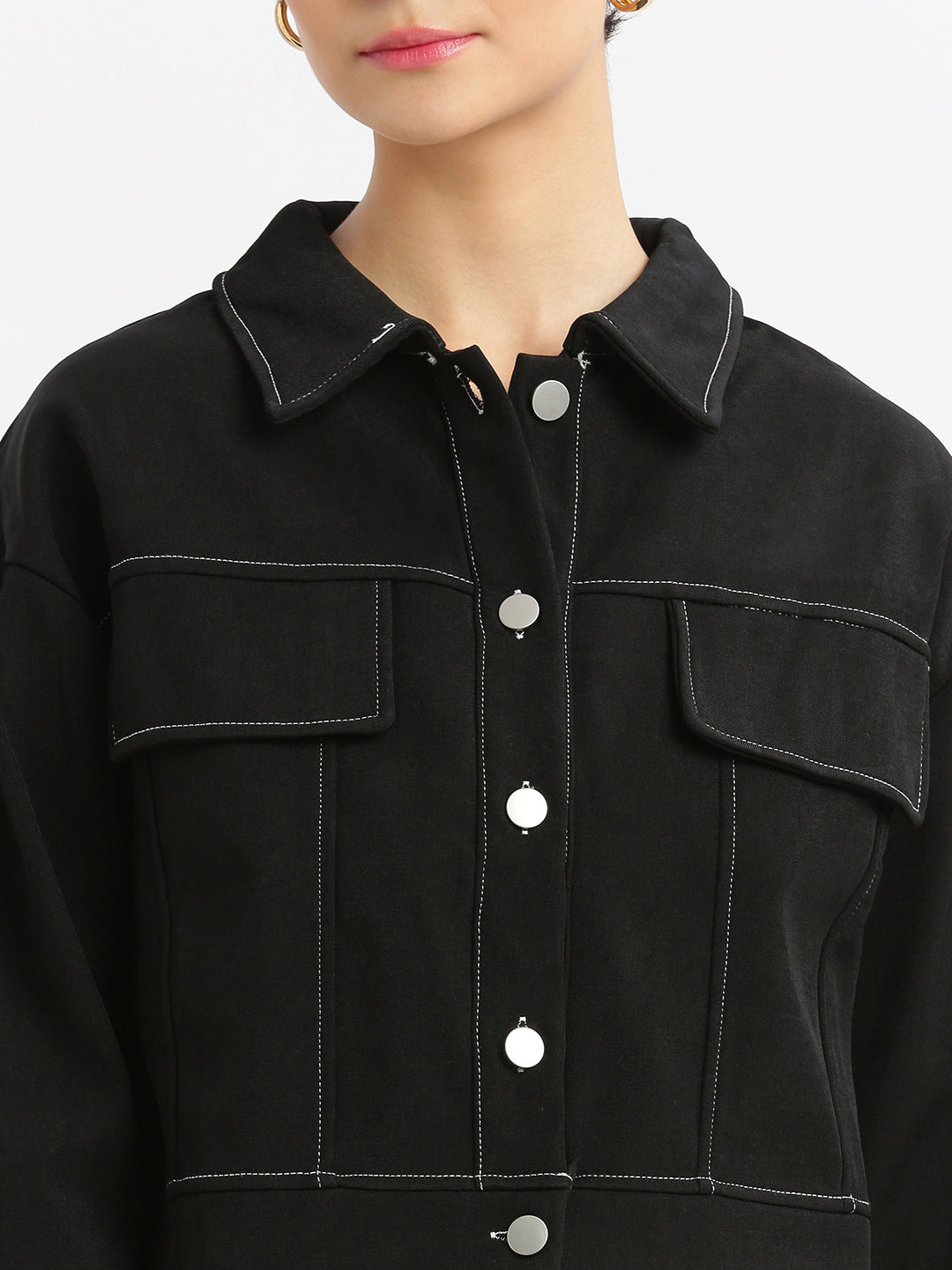 Black Spread Collar Solid Cotton Casual Tailored Windcheater Jacket