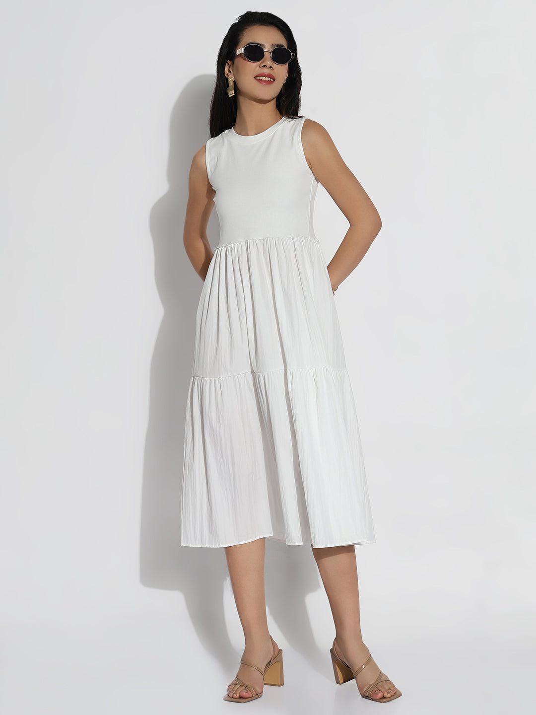 White Solid Fit and Flare Dress