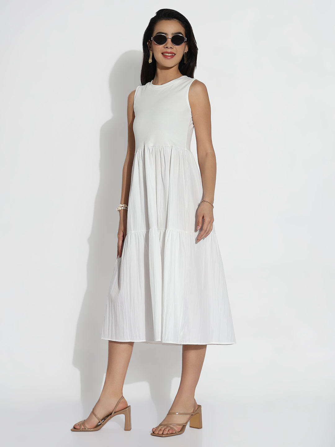 White Solid Fit and Flare Dress