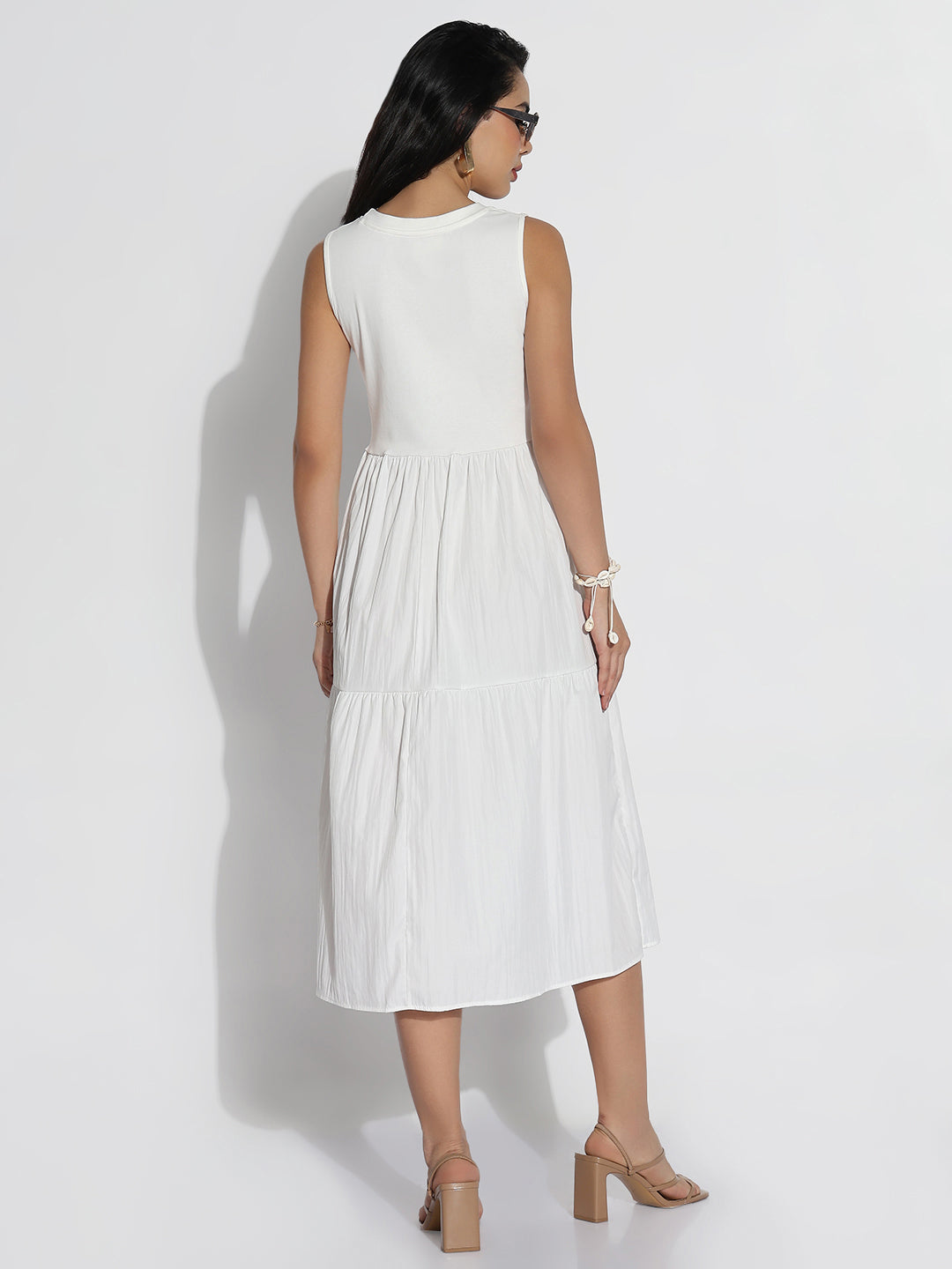 White Solid Fit and Flare Dress