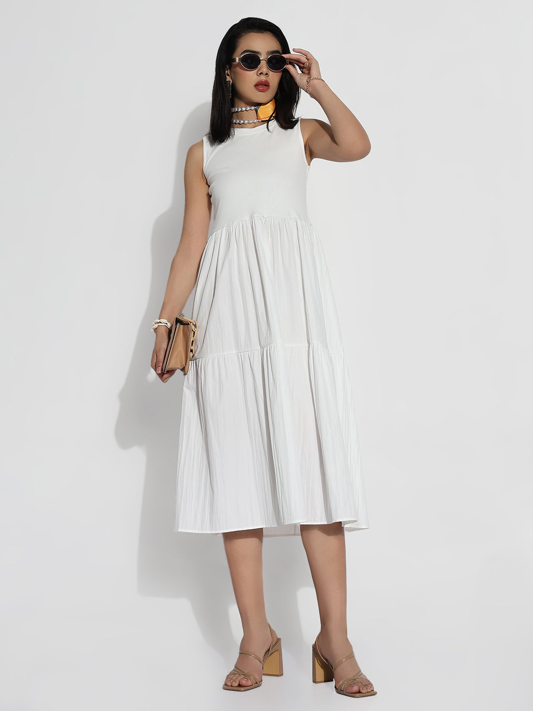 White Solid Fit and Flare Dress