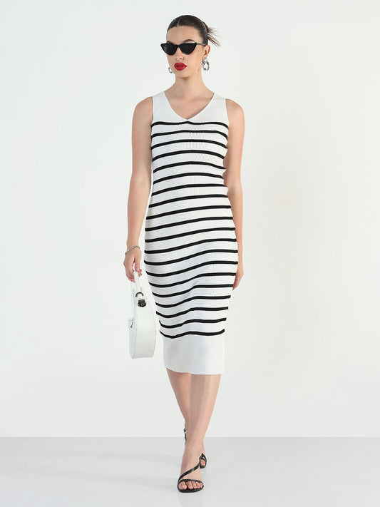 Ribbed Striped Sleeveless White Bodycon Dresses