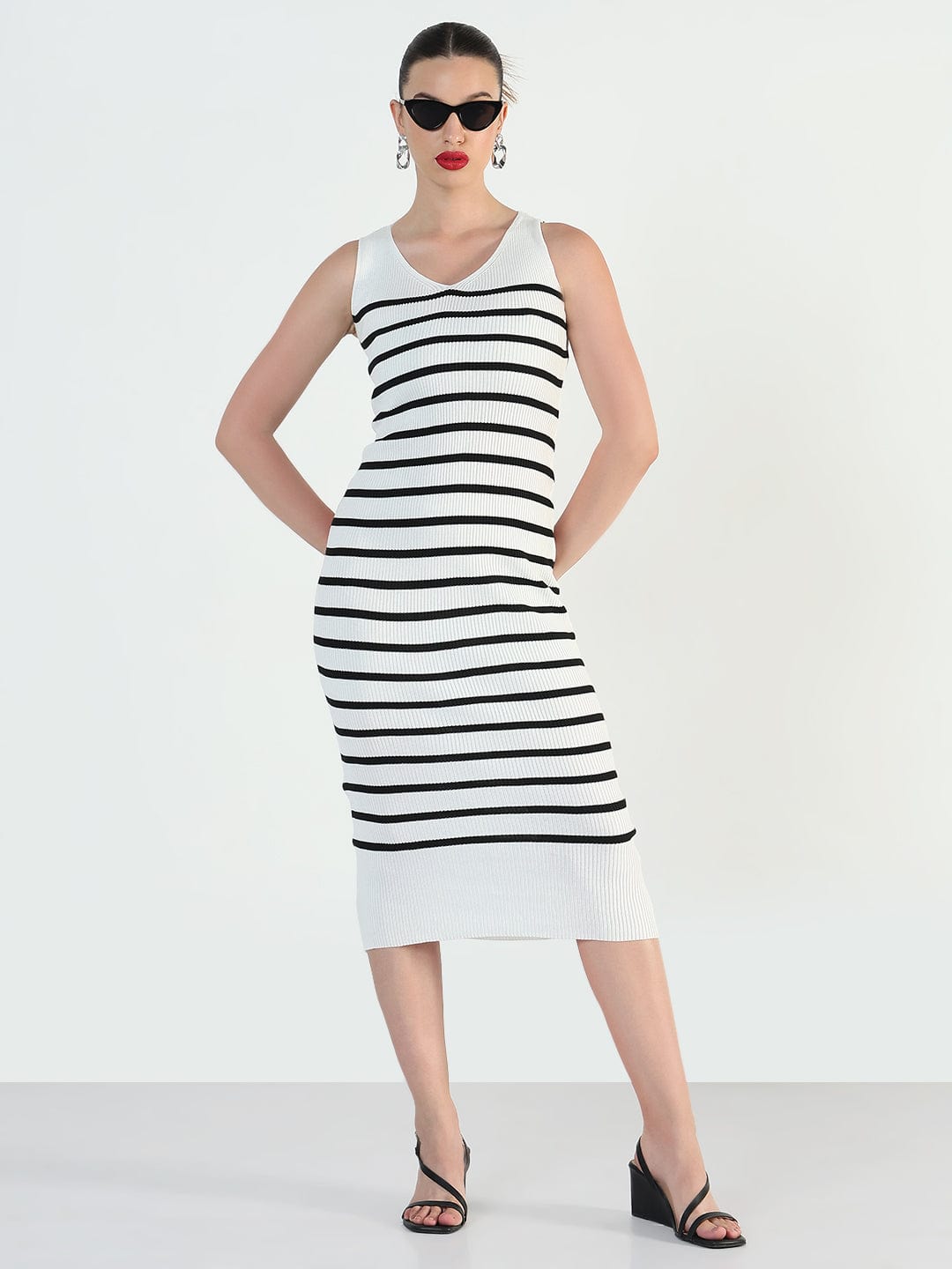 Ribbed Striped Sleeveless White Bodycon Dresses