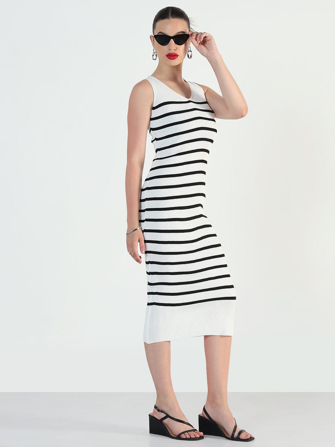 Ribbed Striped Sleeveless White Bodycon Dresses