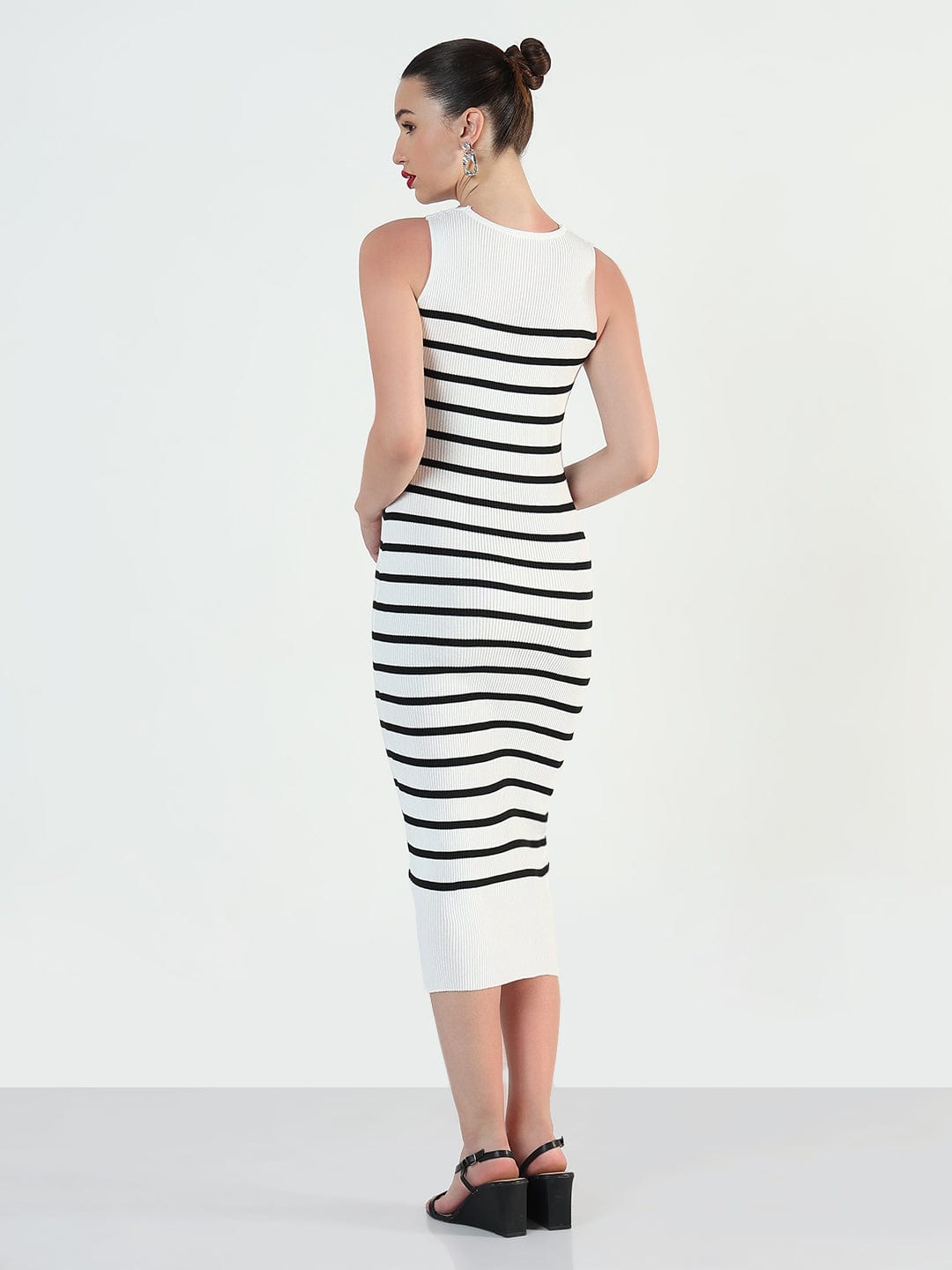Ribbed Striped Sleeveless White Bodycon Dresses