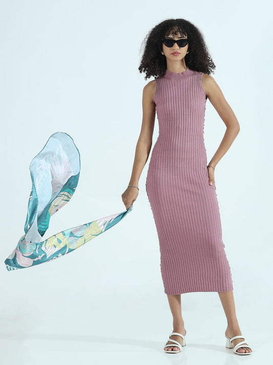 Ribbed Mauve High Neck Bodycon Midi Dress