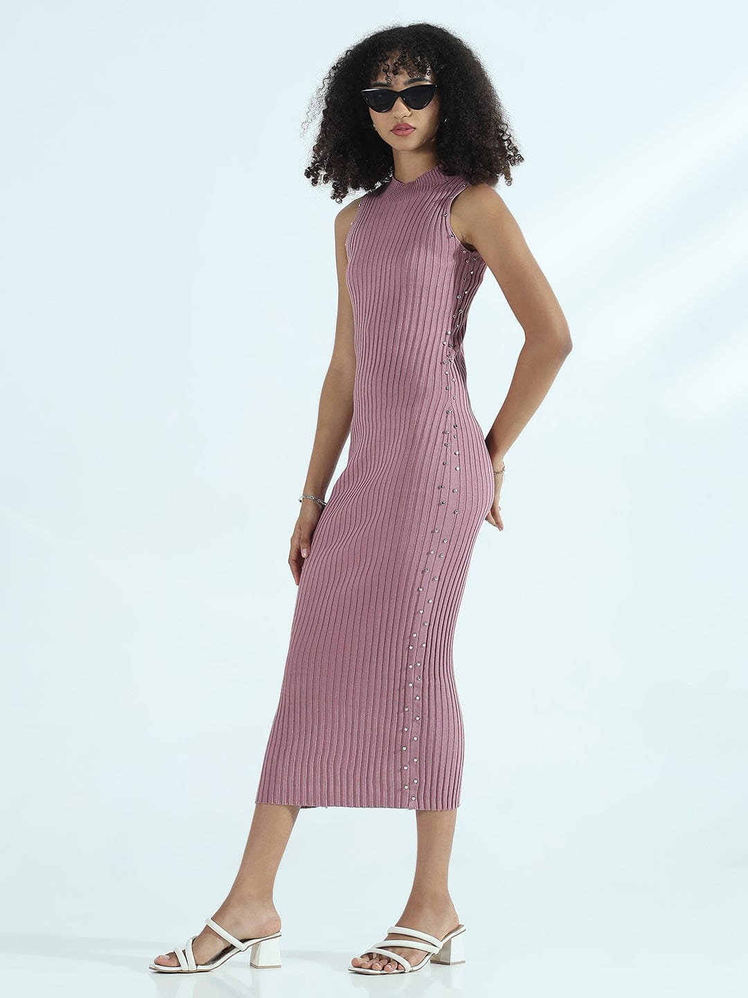 Ribbed Mauve High Neck Bodycon Midi Dress