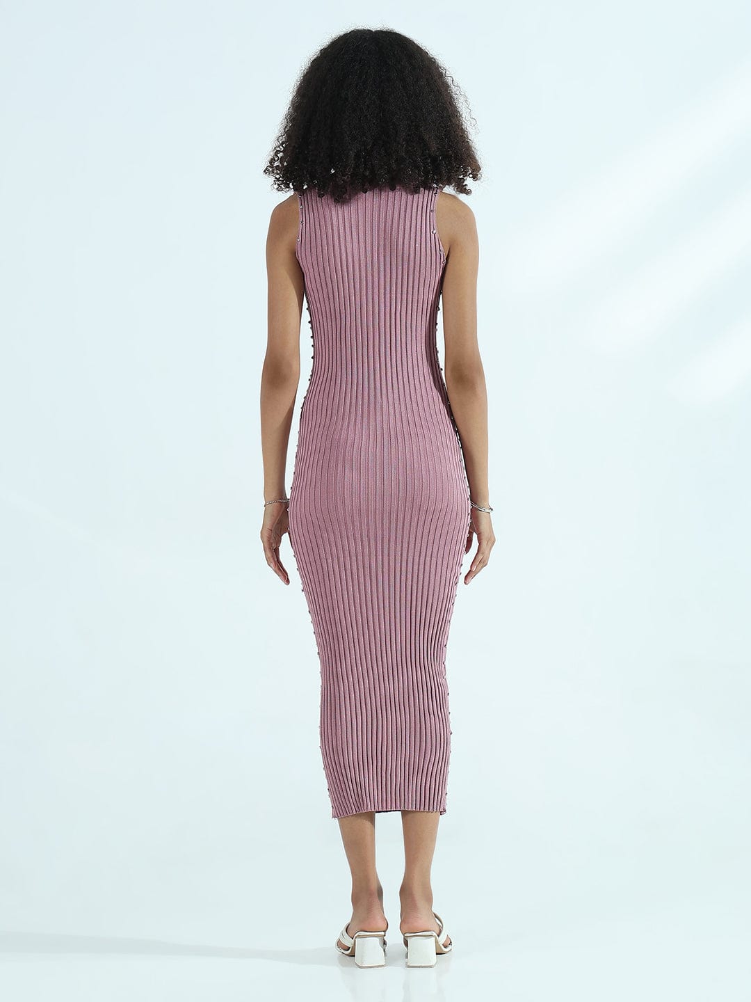 Ribbed Mauve High Neck Bodycon Midi Dress