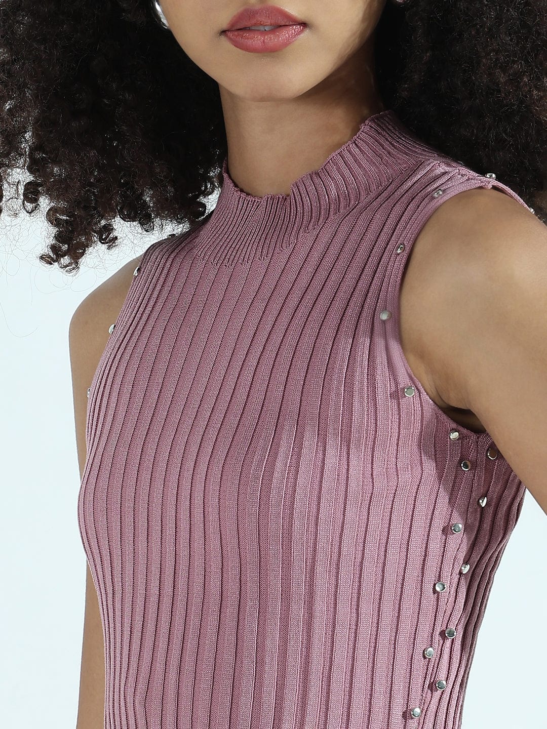 Ribbed Mauve High Neck Bodycon Midi Dress