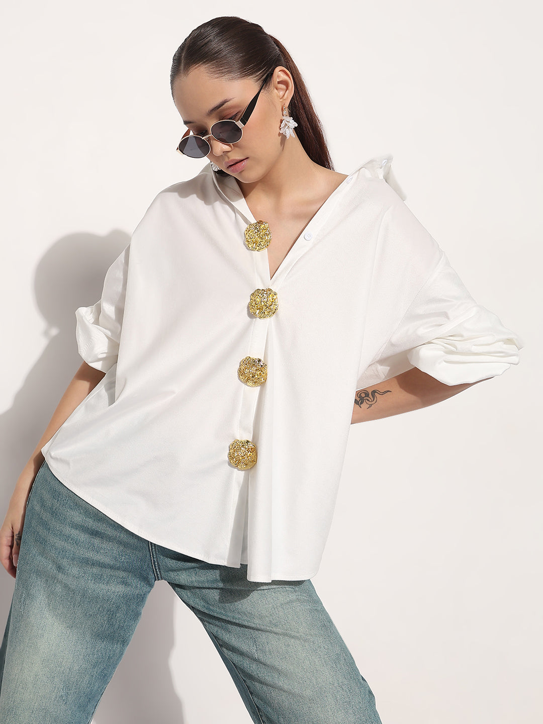 Women's Velvet White Relaxed Fit Shirt with Stylized Button Pins