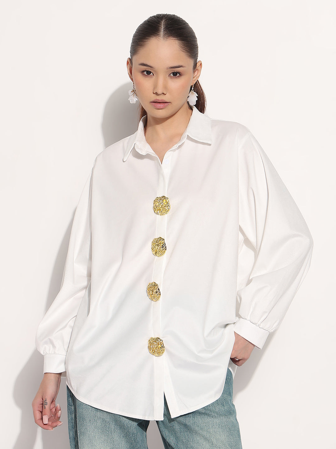 Women's Velvet White Relaxed Fit Shirt with Stylized Button Pins