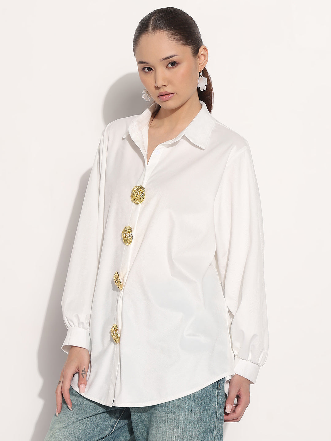 Women's Velvet White Relaxed Fit Shirt with Stylized Button Pins