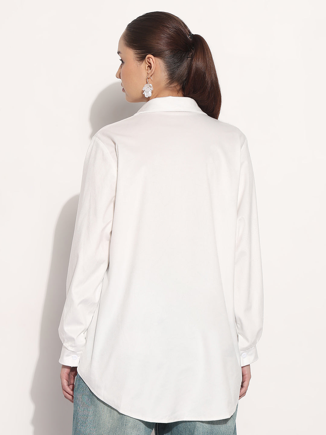 Women's Velvet White Relaxed Fit Shirt with Stylized Button Pins
