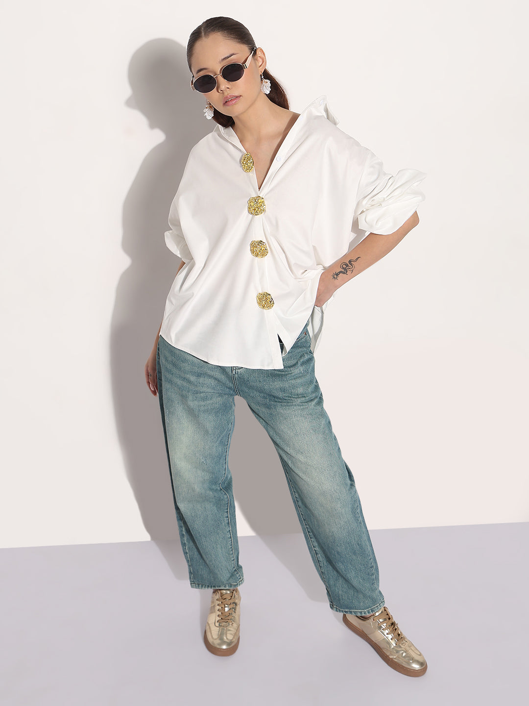 Women's Velvet White Relaxed Fit Shirt with Stylized Button Pins