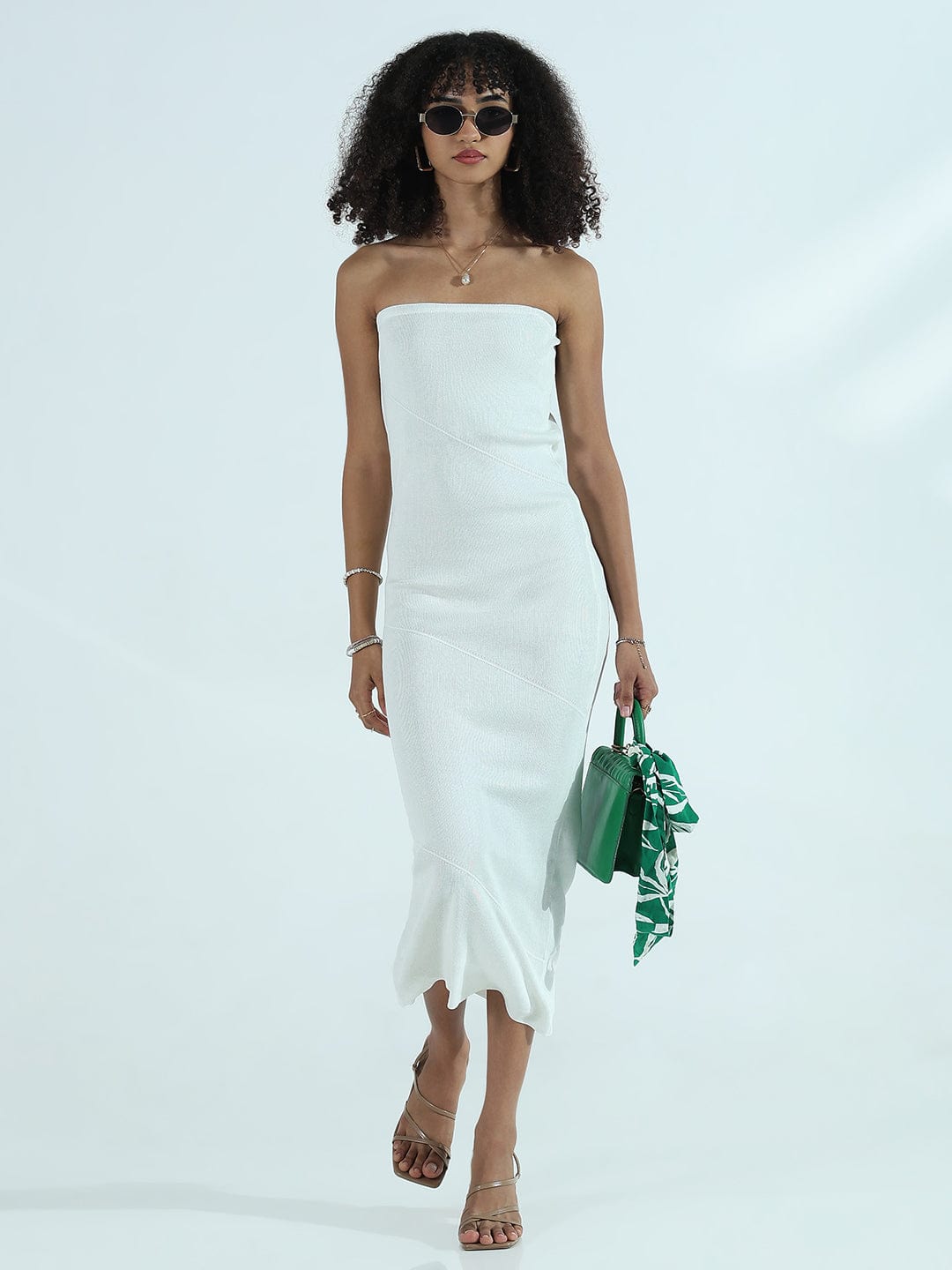 Ribbed White Strapless Bodycon Dress