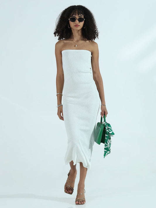 Ribbed White Strapless Bodycon Dress